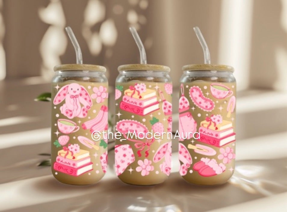 Pink Bookish Girlie Glass Cup