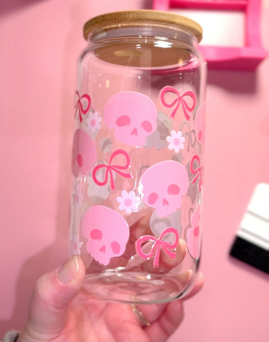 Pink Skull and Ribbon Glass Cup